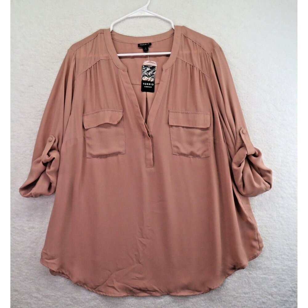 Torrid Shirt Womens 2XL Tunic Pullover Pink Tunic Blouse Long Sleeve Roll Tab